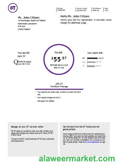 United Kingdom BT utility bill template in Word and PDF formats